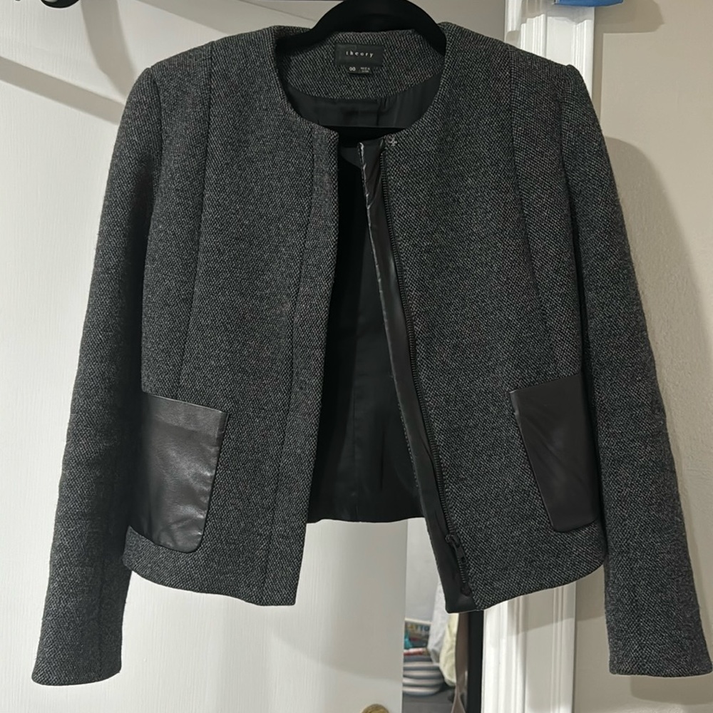 Theory Hilde Grey Wool Leather Zip Fitted Jacket Sz 00